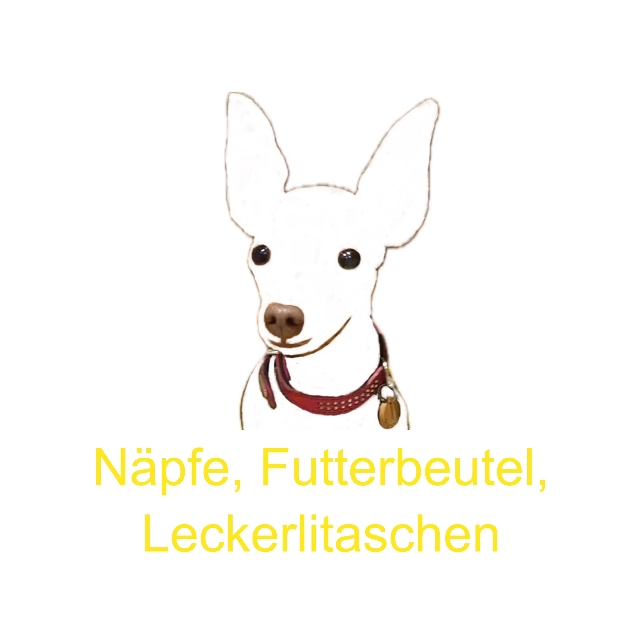 Streichzeichnung eines Hundes mit Schriftzug Näpfe, Futterbeutel, Leckerlitaschen