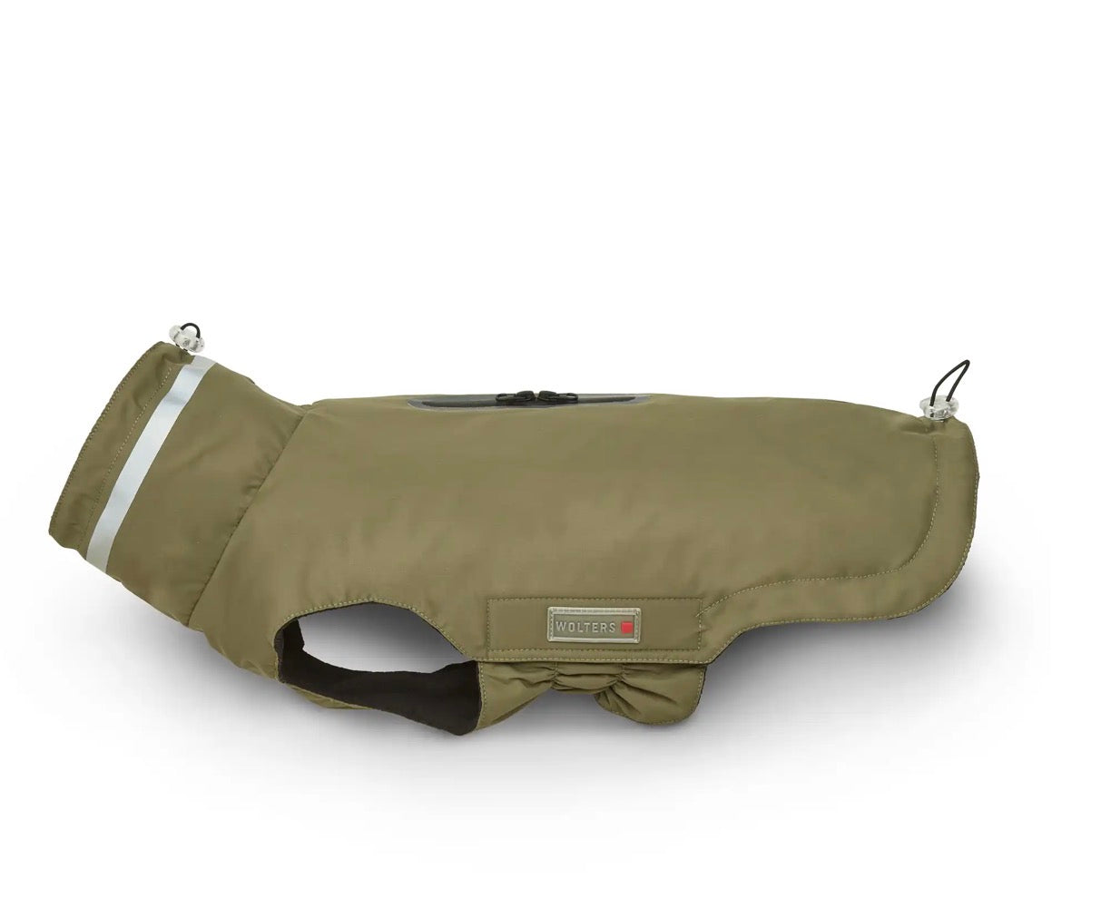 Olivgrüne Hundejacke „Modern Classic“ von Wolters, speziell geschnitten für Mops & Co., geeignet für Outdoor-Spaziergänge 