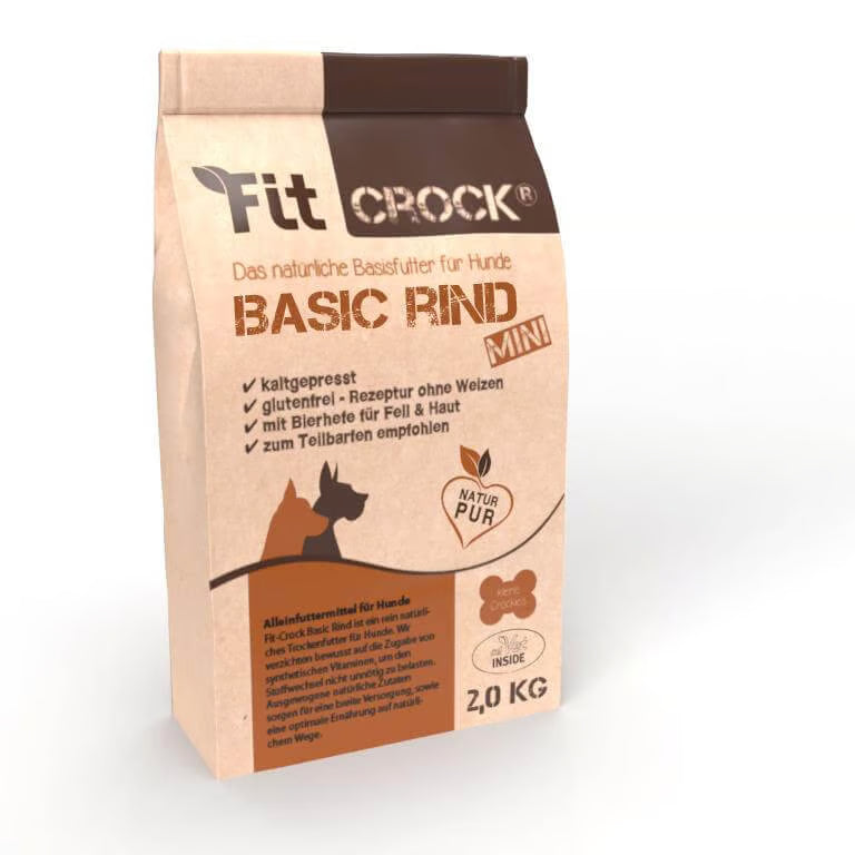 Beutel mit 2 kg Hundefutter FitCrock Basic RIND