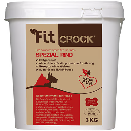 Eimer mit Hundefutter FitCrock Spezial Rind