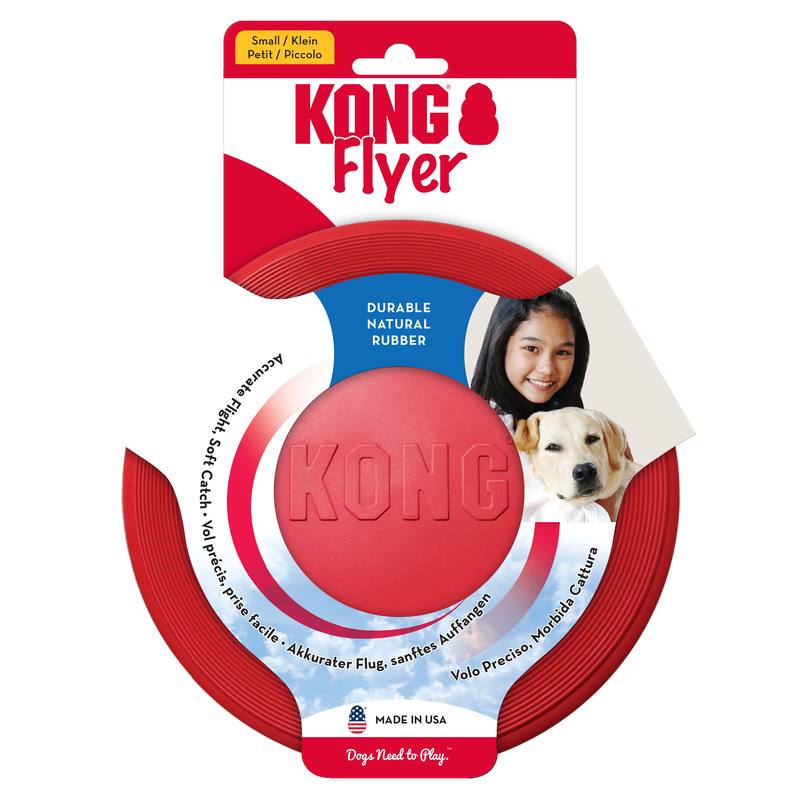 Rote KONG Flyer Frisbee aus weichem, robustem Naturgummi in kleiner Größe, ideal zum sicheren Werfen und Fangen für Hunde.