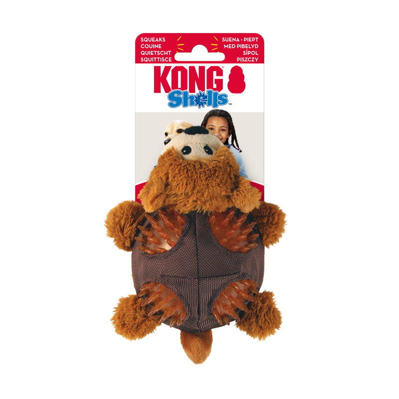KONG Hundespielzeug Schildkröte aus braunem Plüsch mit robustem gummiertem Ballkern und Noppen, ideal zum Spielen, Kauen und Apportieren für Hunde