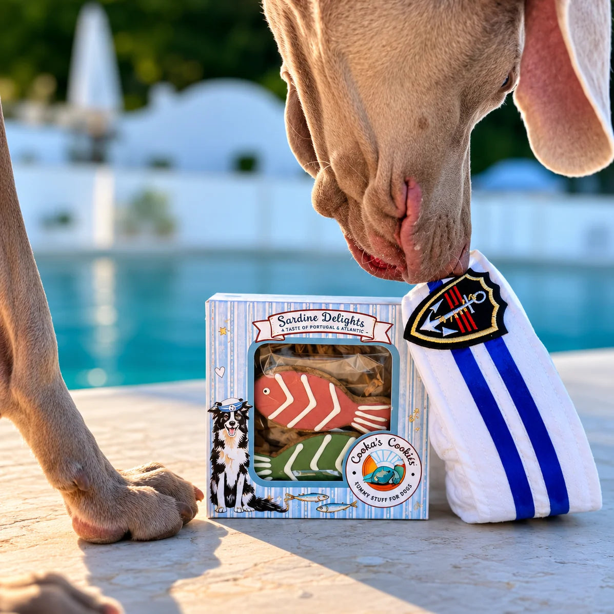 Hund schnuppert an Schachtel mit fischförmigen Hundekeksen
