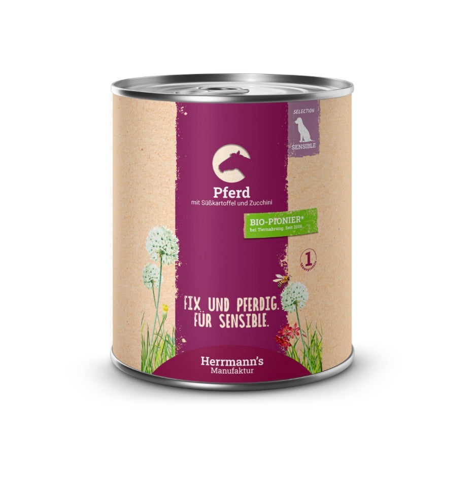 Hundefutter von Herrmann‘s Manufaktur, Sorte Sensibel Pferd mit Süßkartoffel und Zucchini, geeignet für ernährungssensible Hunde 