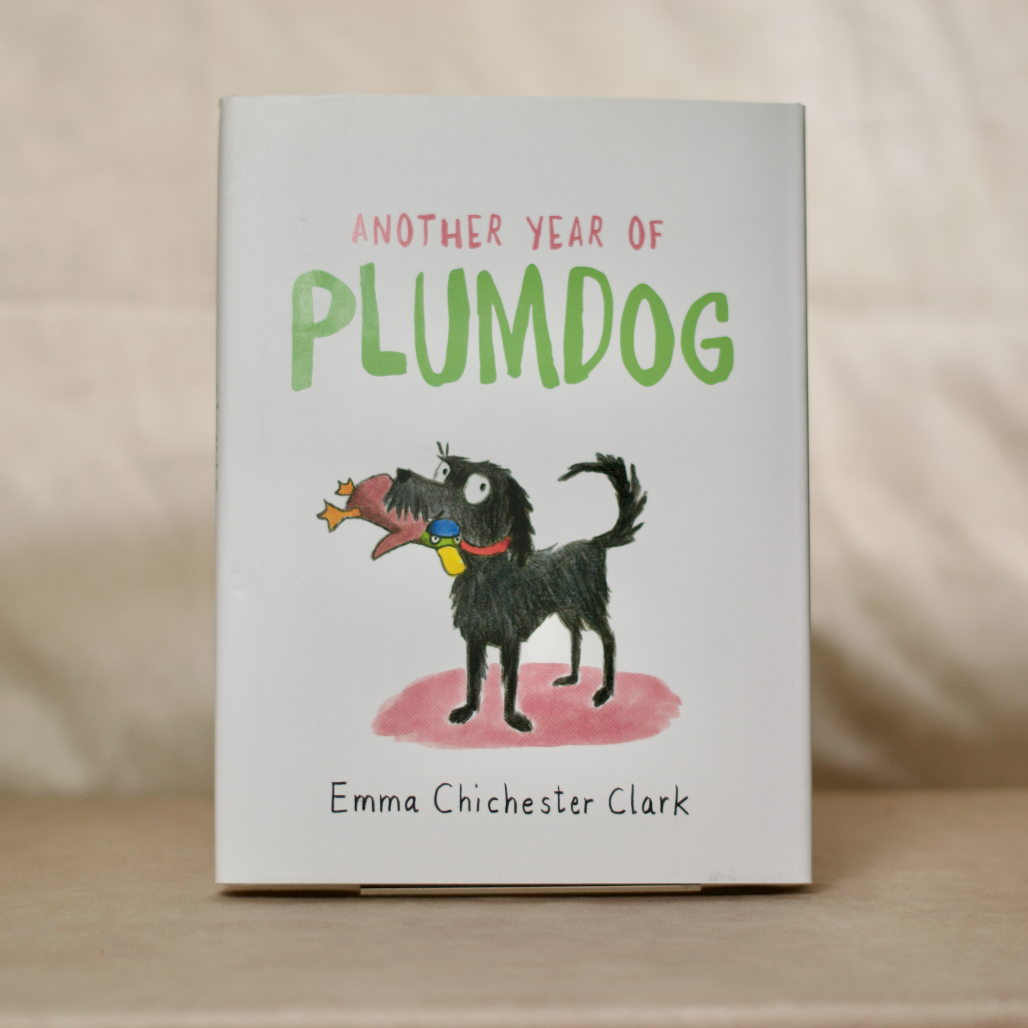 Bucheinband mit gezeichnetem kleinen schwarzen Hund mit Ente im Maul