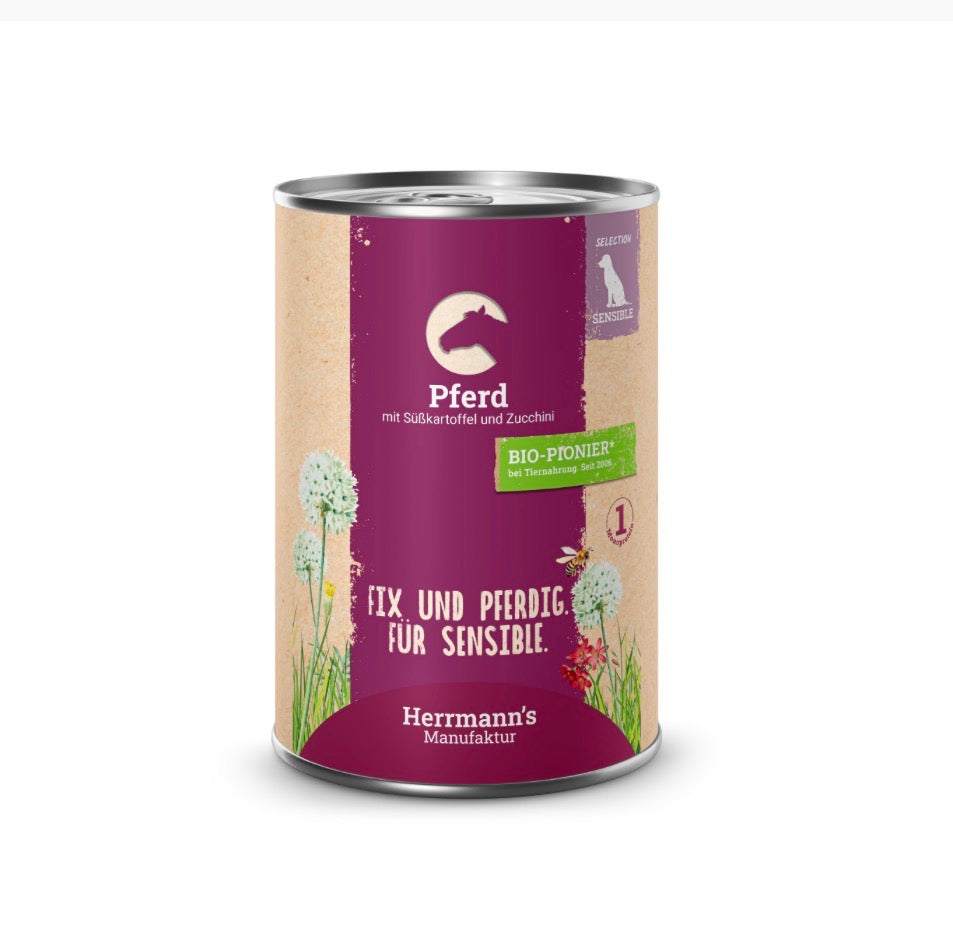 Hundefutter von Herrmann‘s Manufaktur, Sorte Sensibel Pferd mit Süßkartoffel und Zucchini, geeignet für ernährungssensible Hunde 
