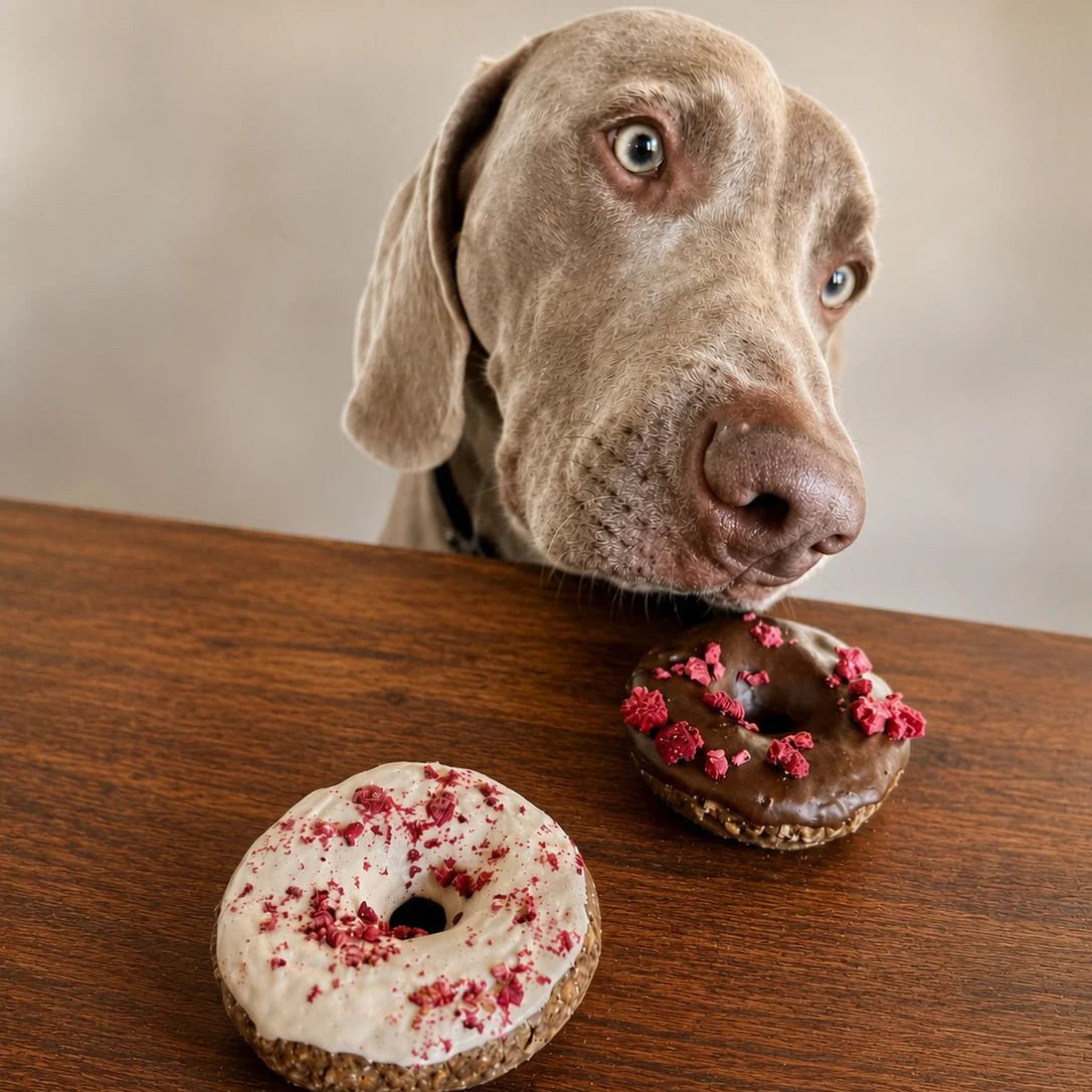 Hund schaut auf weiss glasierten und braun glasierten Donut auf brauner Tischplatte