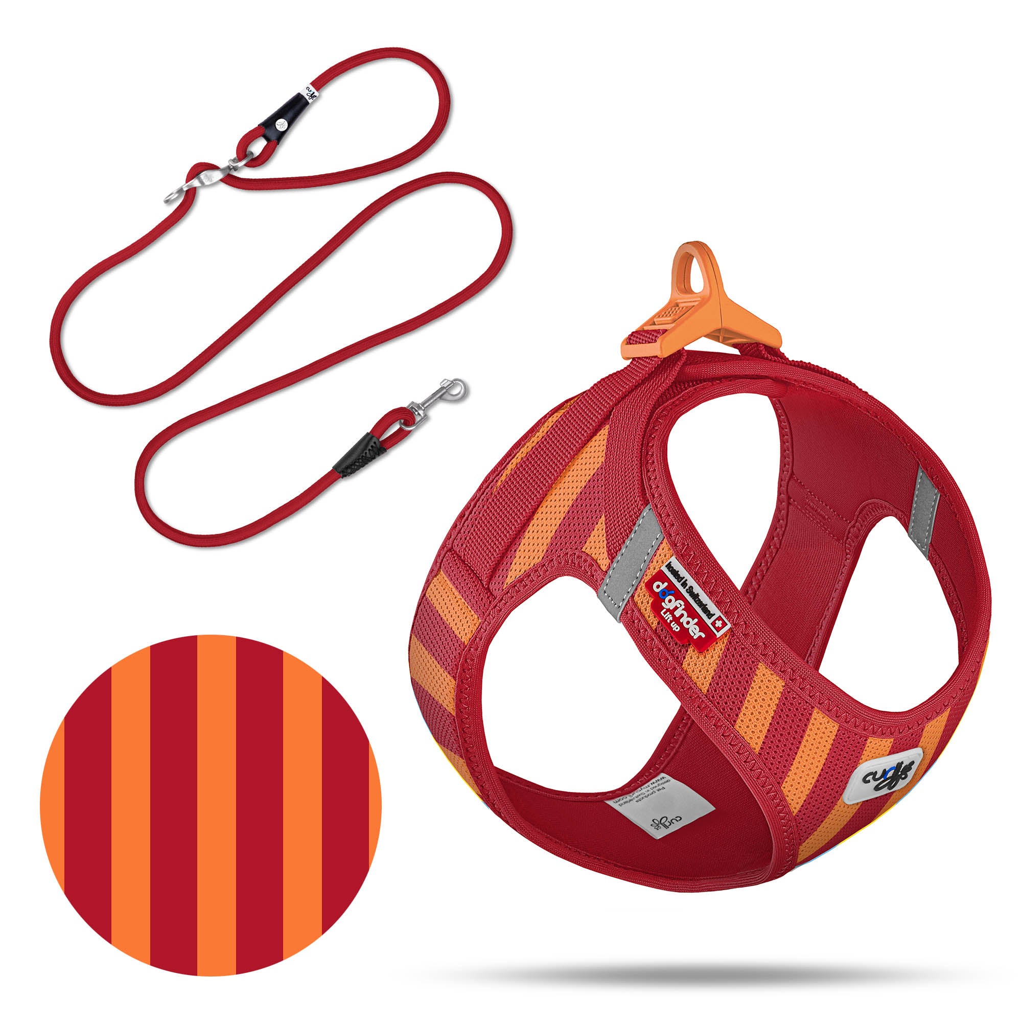 Hundegeschirr und Leine in Rot/orange gestreift 