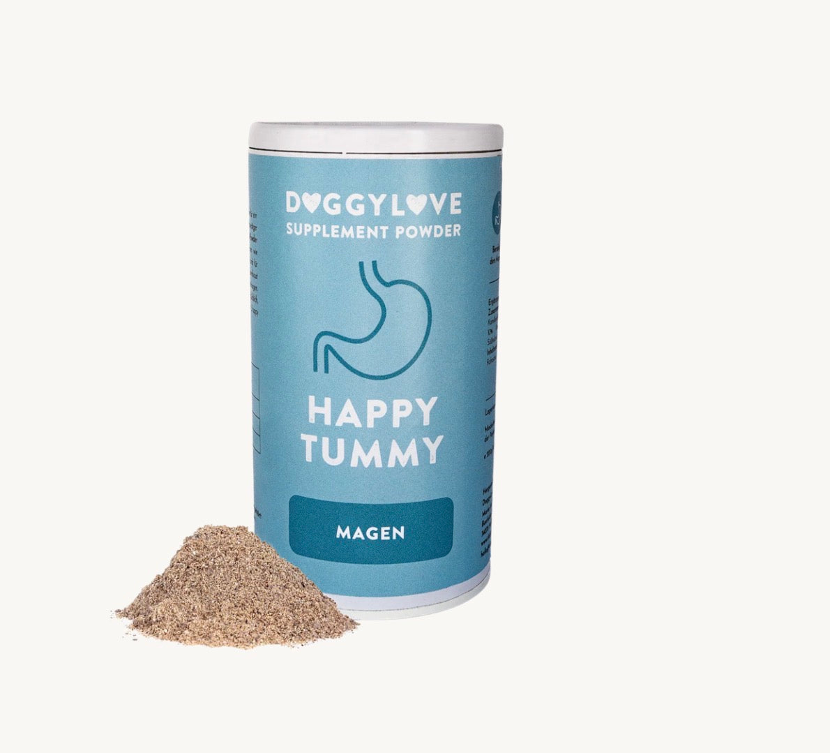 Eine Dose Supplement Pulver gegen Magenprobleme von der Firma Doggylove 