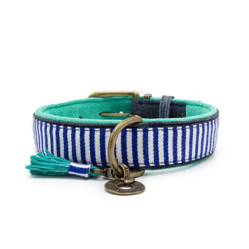 Blau-weiß gestreiftes Hundehalsband mit Fransen-Element