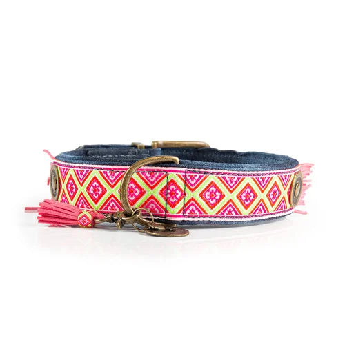 Rosa Karos mit gelber Umrandung auf Hundehalsband