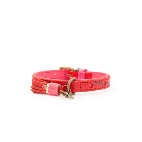 Rotes Hundehalsband mit rosa Sternen und Fransen-Element