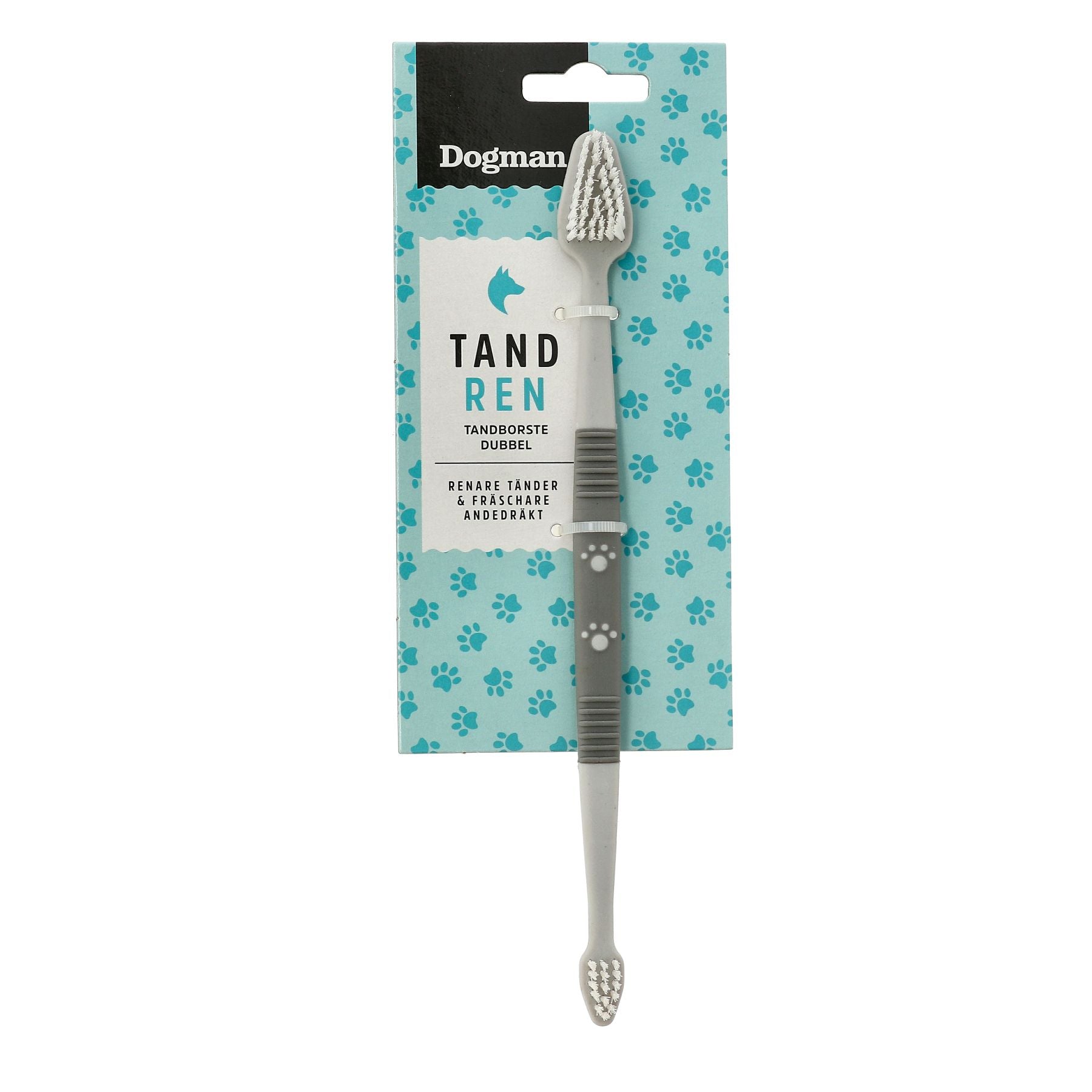 Verpackung mit Hundezahnbürste. Ein Bürstenkopf an jeder Seite des Stiels