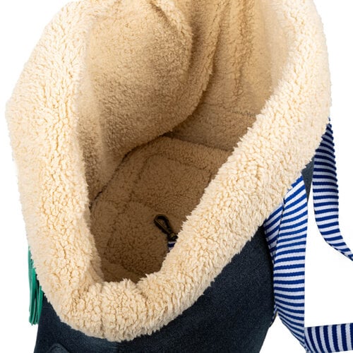 Innenansicht von Blauer Hundetasche mit gestreiften Tragegurten beigefarbenes Fell