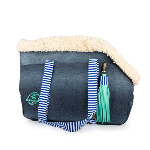 Blaue Hundetasche mit gestreifen Tragegurten