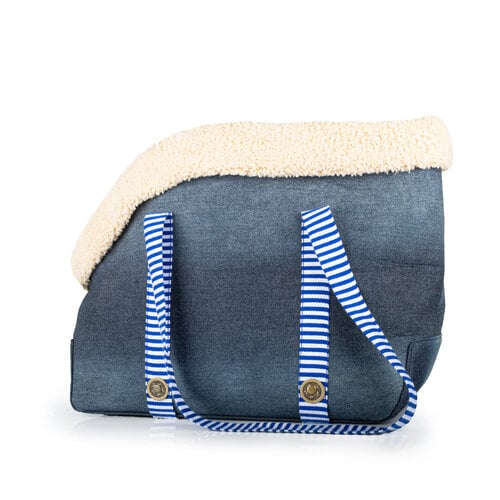 Blaue Hundetasche mit gestreiften Tragegurten 