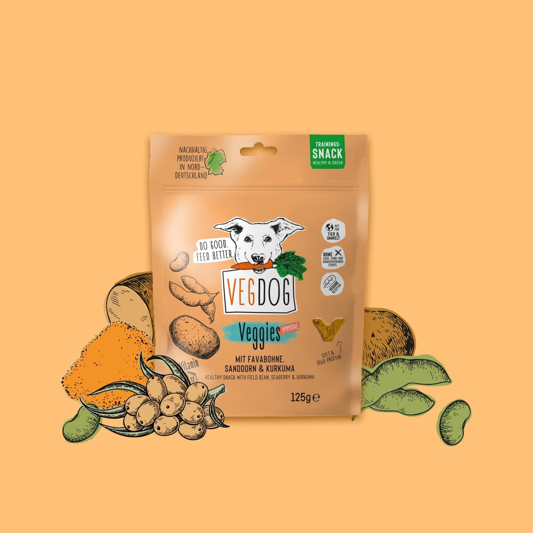 VEGDOG Veggies Immune für Hunde, vegane Hundeleckerlis mit Sanddorn und Curcuma zur Unterstützung des Immunsystems, vitaminreicher Snack