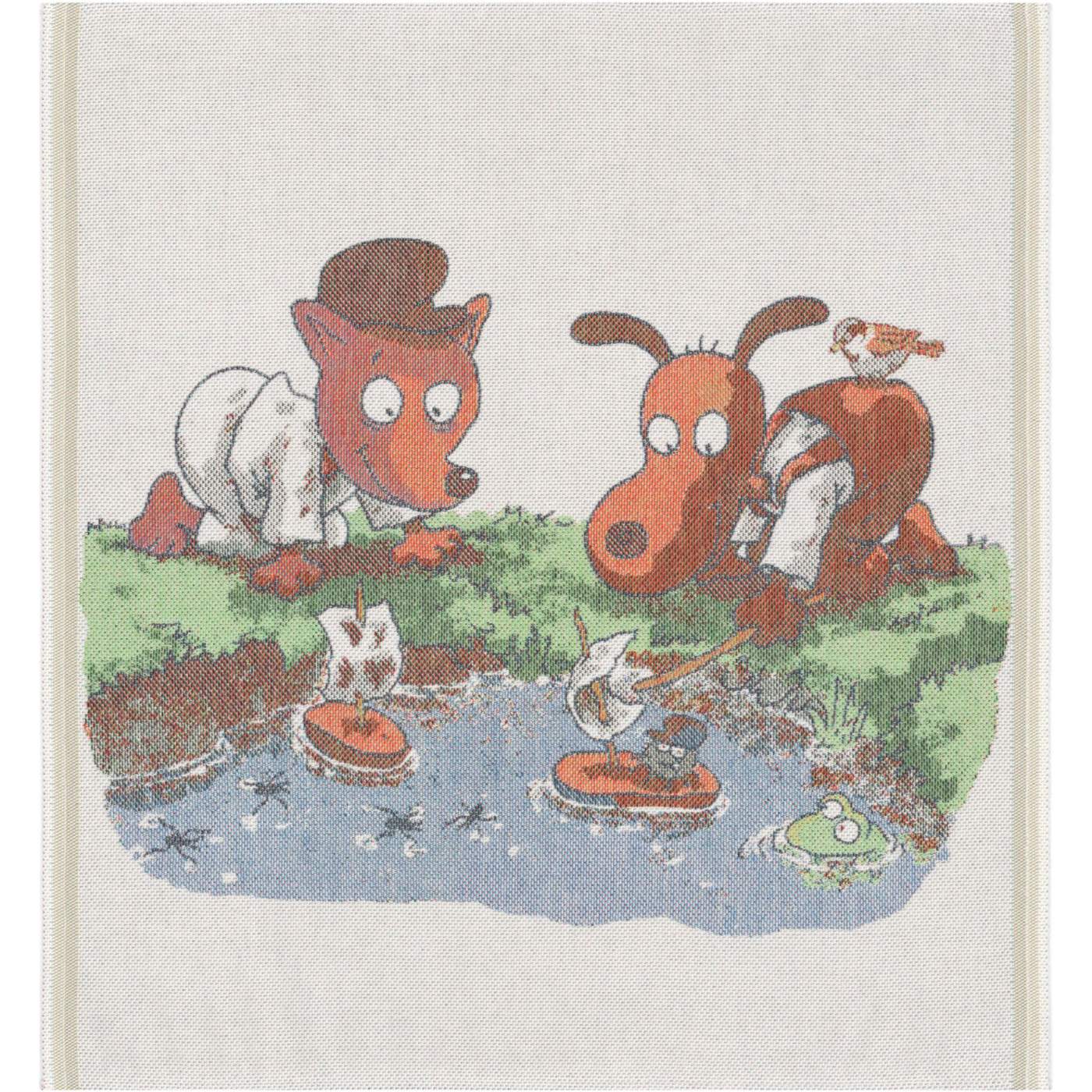 Decke mit 2 Comichunden, die mit Booten aus Birkenrinde in einer Pfütze spielen