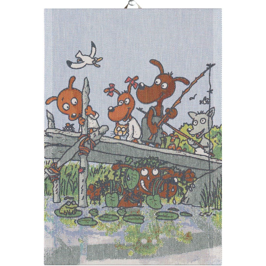 Geschirrtuch mit Comic-Hunden auf einer Holzbrücke, die angeln