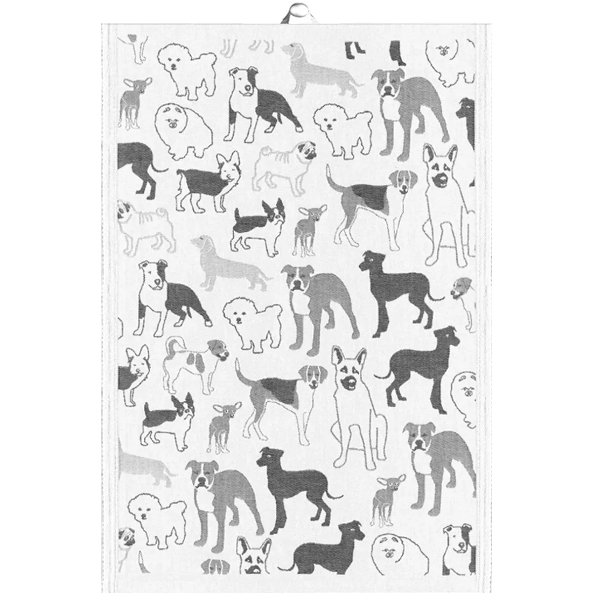 Geschirrtuch auf dem viele Zeichnungen verschiedener Hunderassen dargestellt sind
