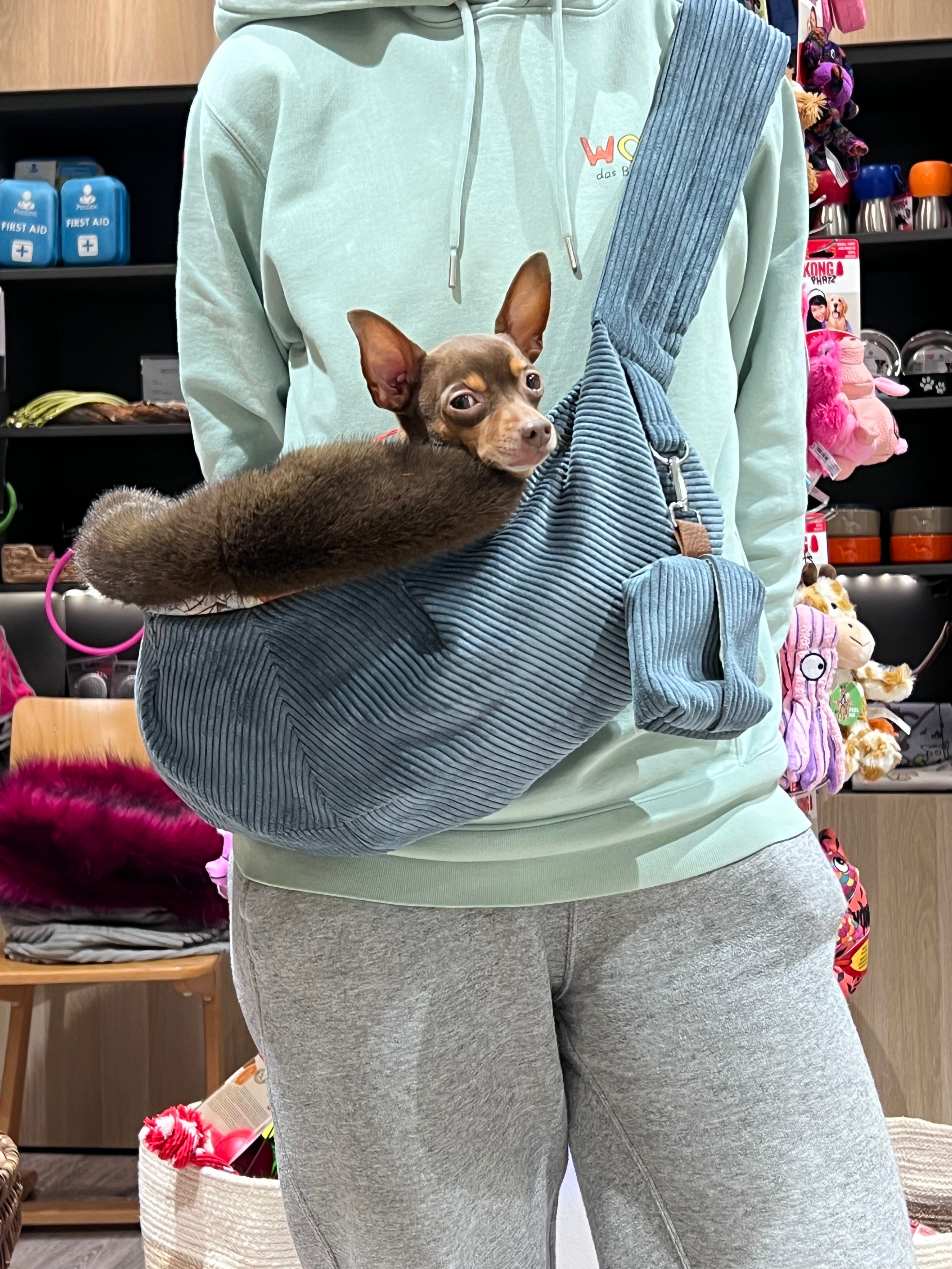 Filousion MiniCrossbag 2in1 Hundetasche in Blau mit kleinem braunen Hund