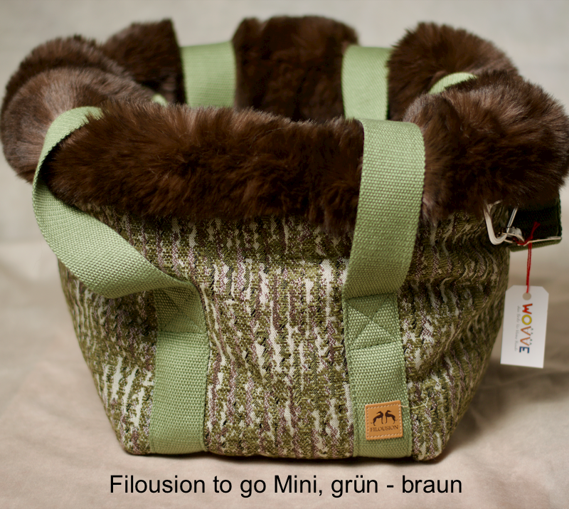 Kuschelhöhle für Hund. Grün weißes Außenmuster, braunes Kunstfell innen, hellgrüne Tragegurte