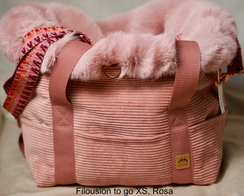 Kuschelhöhle für Hund. Grün rosa Außenmuster, rosa  Kunstfell innen, rosa Tragegurte