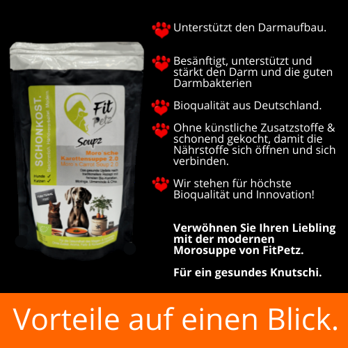 Beutel mit Moroscher Möhrensuppe, daneben Auflistung der Produktvorteile