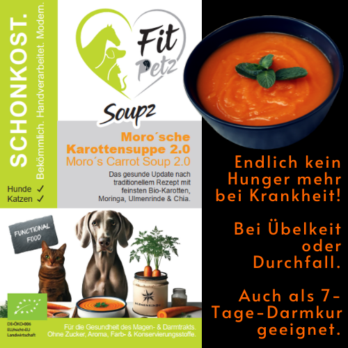 Fit Petz Moro’sche Karottensuppe 2.0 – gesunde Schonkost für Hunde und Katzen. Natürliche Bio-Karottensuppe mit Moringa, Ulmenrinde und Chia zur Unterstützung von Magen und Darm. Ideal bei Durchfall, Übelkeit oder als 7-Tage-Darmkur. Handverarbeitet, ohne Zucker, Aromen oder Konservierungsstoffe.
