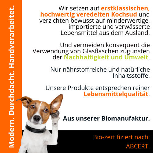 Fit Petz Biomanufaktur – hochwertige, nachhaltig produzierte Tiernahrung für Hunde und Katzen. Erstklassiger, veredelter Kochsud mit nährstoffreichen, natürlichen Zutaten in Lebensmittelqualität. Nachhaltig verpackt ohne Glasflaschen, umweltfreundlich und bio-zertifiziert nach ABCERT. Modern, durchdacht und handverarbeitet.