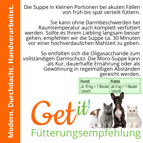 Fit Petz Fütterungsempfehlung für Moro’sche Karottensuppe 2.0 – Schonkost für Hunde und Katzen. Empfohlene Portionsgröße: Hund je 10 kg = 1 Beutel, Katze je 5 kg = 1 Beutel. Ideal bei Durchfall oder zur Darmkur. Natürliche Bio-Suppe zur Unterstützung der Verdauung, kann warm oder bei Raumtemperatur gefüttert werden. Modern, handverarbeitet und nachhaltig hergestellt.
