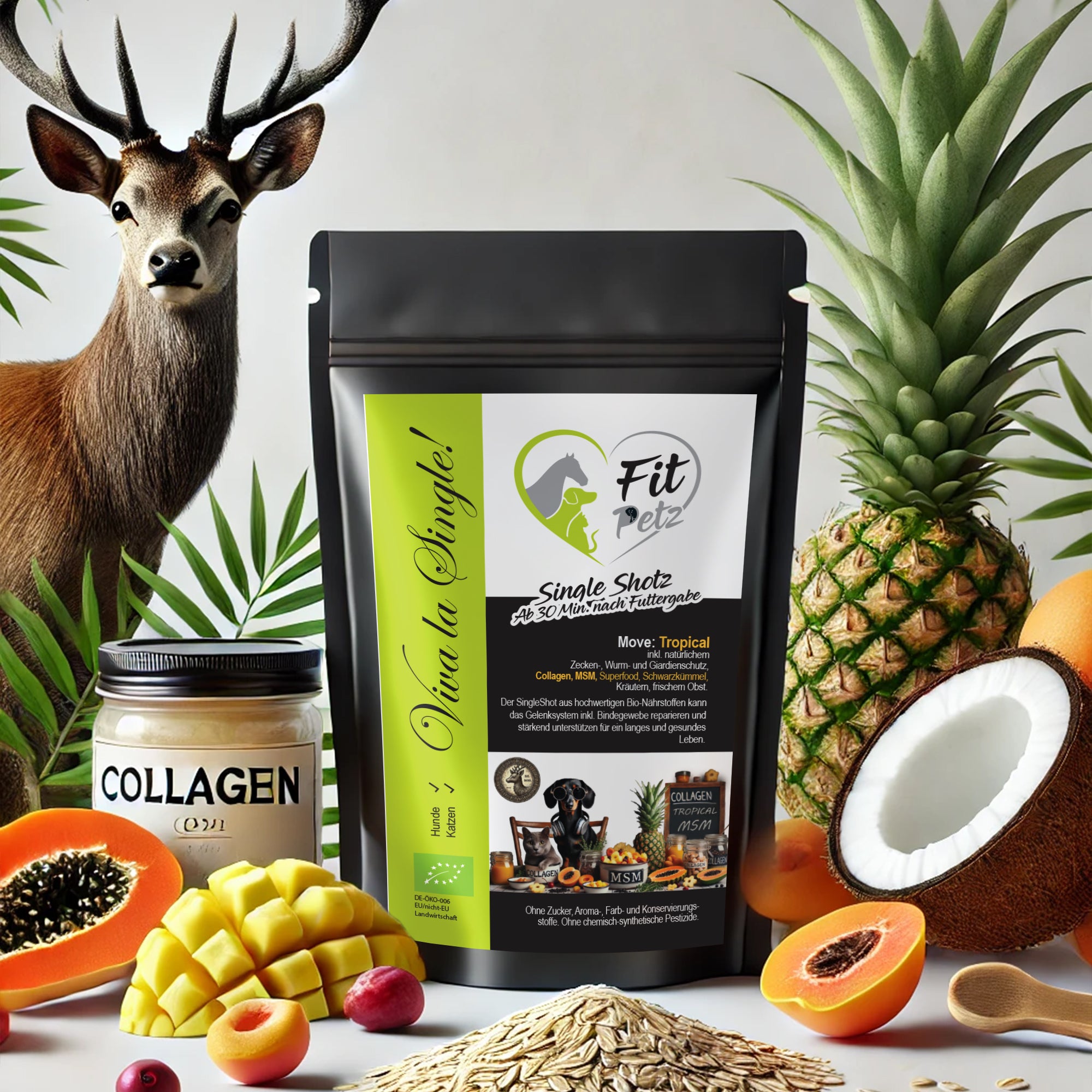 Fit Petz Single Shot Move Tropical – natürliche Nahrungsergänzung für Hunde mit Kollagen, MSM und Superfoods. Unterstützt Gelenke, Bänder und Beweglichkeit. Tropischer Geschmack mit Mango, Papaya, Ananas und Kokos. Handverarbeitet, ohne Zucker, Aromen oder Konservierungsstoffe