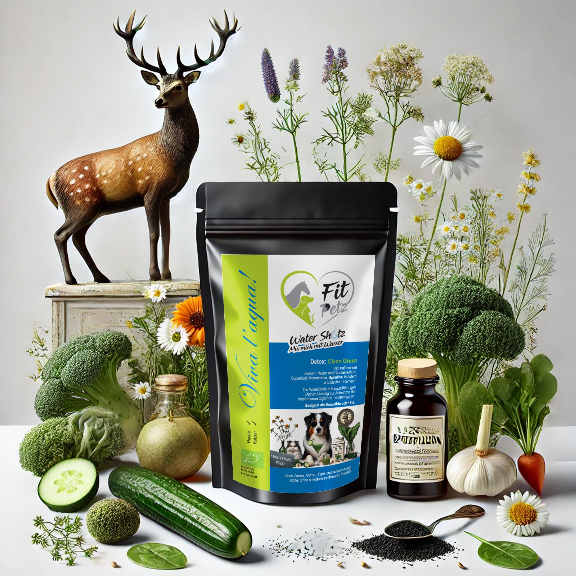 Fit Petz Water Shotz Detox Clean Green – natürliche Entgiftung für Hunde mit Brokkoli, Gurke, Mariendistel, Spirulina und Chlorella. Unterstützt Leber, Nieren und Stoffwechsel. 100 % natürlich, handverarbeitet und bio-zertifiziert nach ABCERT.