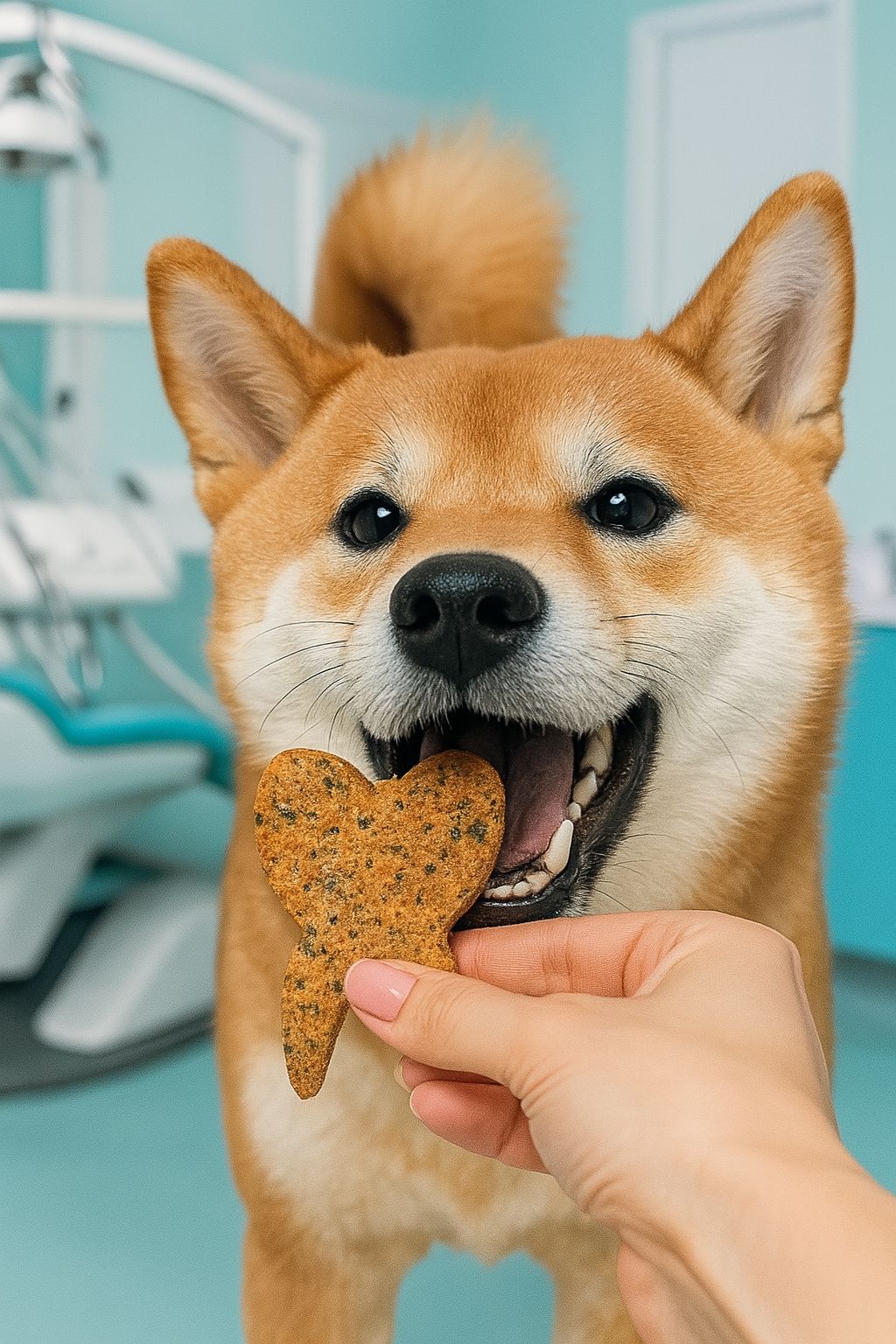 Hund frisst zahnförmigen Zahnputz-Keks – natürlicher Zahnpflege-Snack für Hunde zur Unterstützung der Mundhygiene
