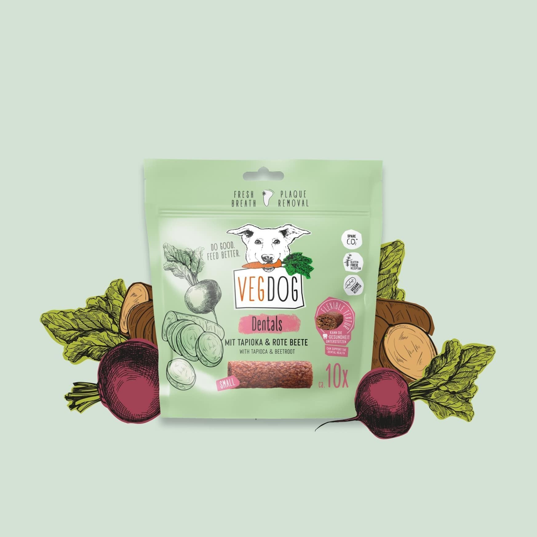 VEGDOG Dentals Small für Hunde, veganer Zahnpflege-Snack mit Tapioka und roter Beete zur Reduzierung von Zahnbelag und frischem Atem, ca. 10 Stück