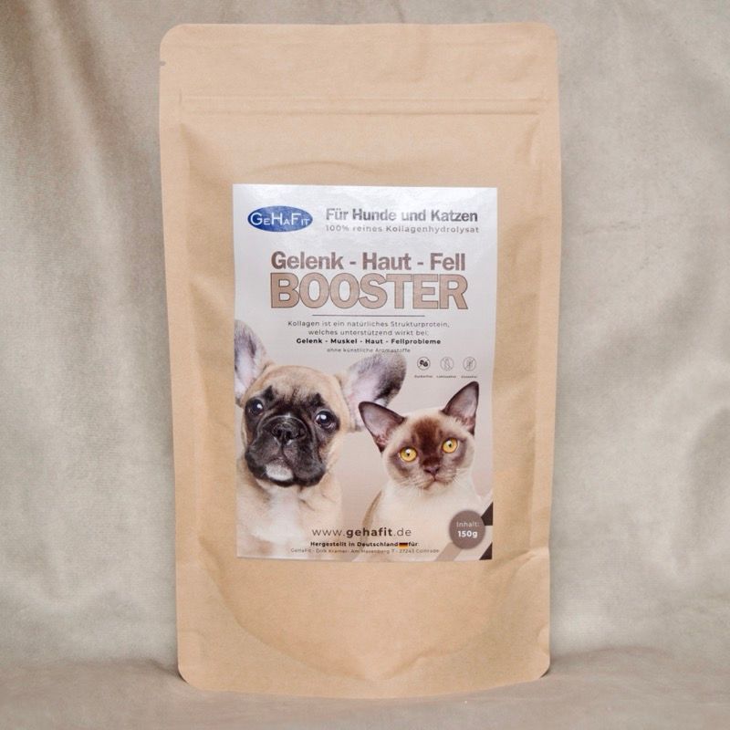 Brauner Beutel GEHAFIt Booster für Gelenke Haut und Fell. Abbildung eines Hundes und einer Katze