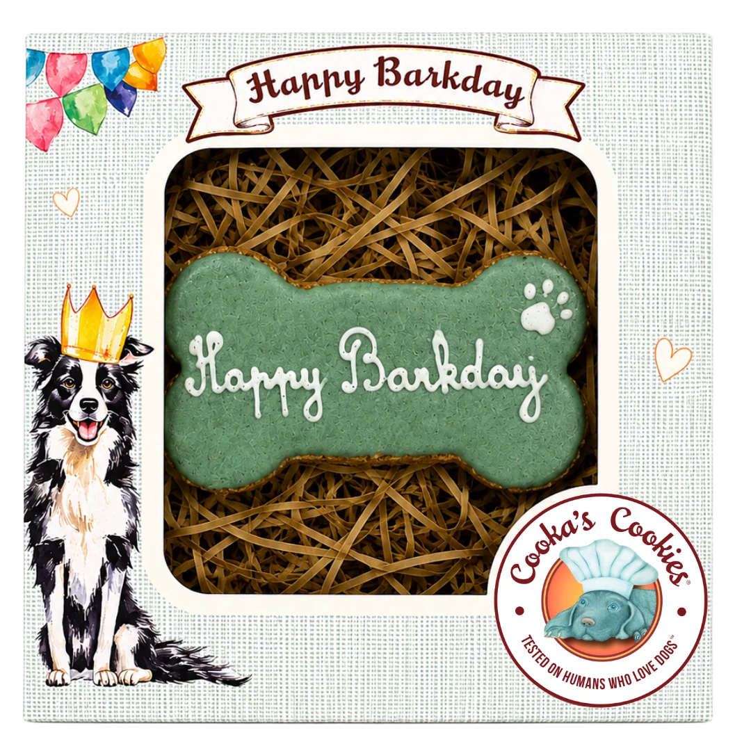 Verpackte Hundekeks‑Geburtstagsleckerei in Knochenform mit grüner Glasur und weißem Schriftzug „Happy Barkday“, dekorativ auf Strohmaterial in einer Geschenkbox mit Wimpelkette, Krönchen‑Hundillustration und „Cooka’s Cookies“-Logo.