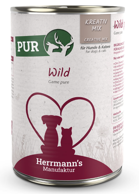 Herrmann’s Manufaktur Reinfleischdose Wild – pures Wildfleisch für Hunde und Katzen, natürliche und artgerechte Tiernahrung ohne Zusätze.