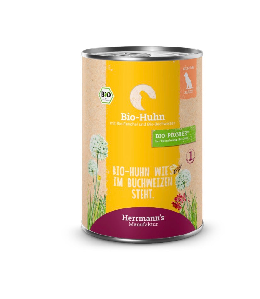 Eine Nassfutterdose für Hunde von der Sorte Huhn mit Fenchel und Buchweizen 
