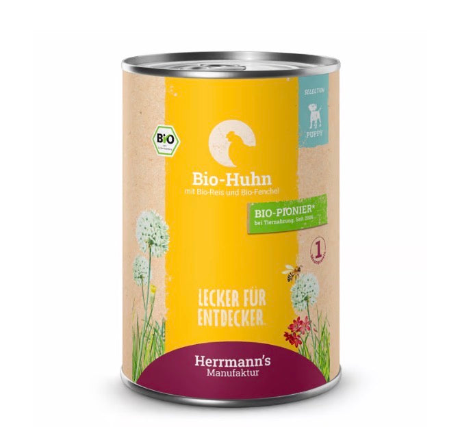 Ein Welpen-Nassfutter Huhn mit Reis und Fenchel von der Firma Herrmann‘s Manufaktur 