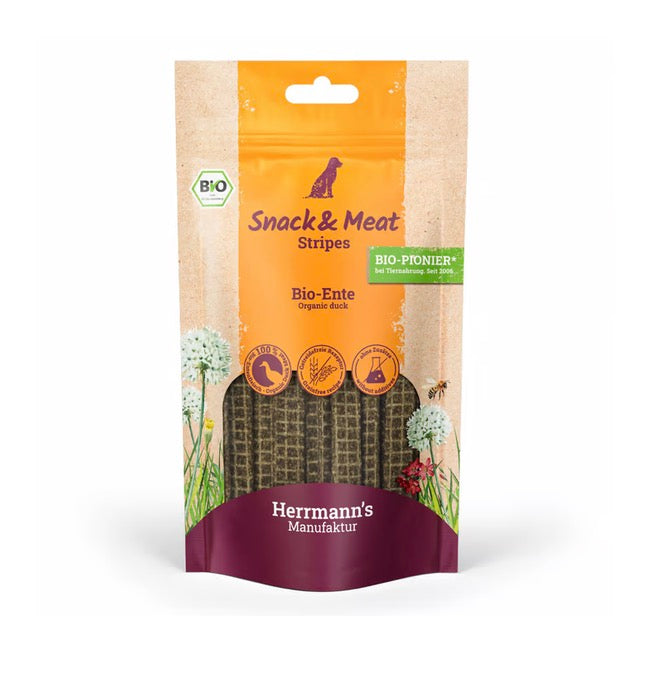 Ein Kausnack für Hunde von der Sorte Ente der Firma Herrmann’s Manufaktur 