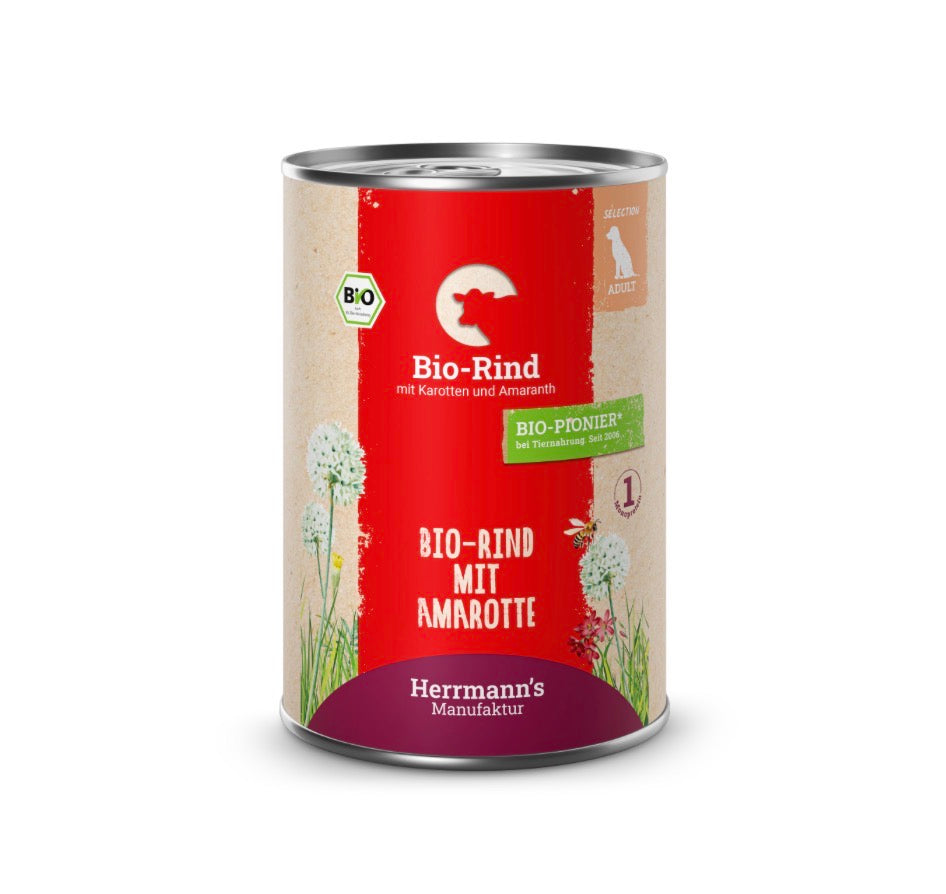 Ein Nassfutter für Hunde von Sorte Rind mit Karotte und Amaranth 