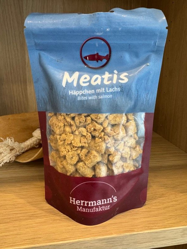 Herrmann’s Manufaktur Meatis Häppchen mit Lachs – getreidefreie Hundesnacks aus hochwertigem Lachs, natürliche Belohnung für Hunde