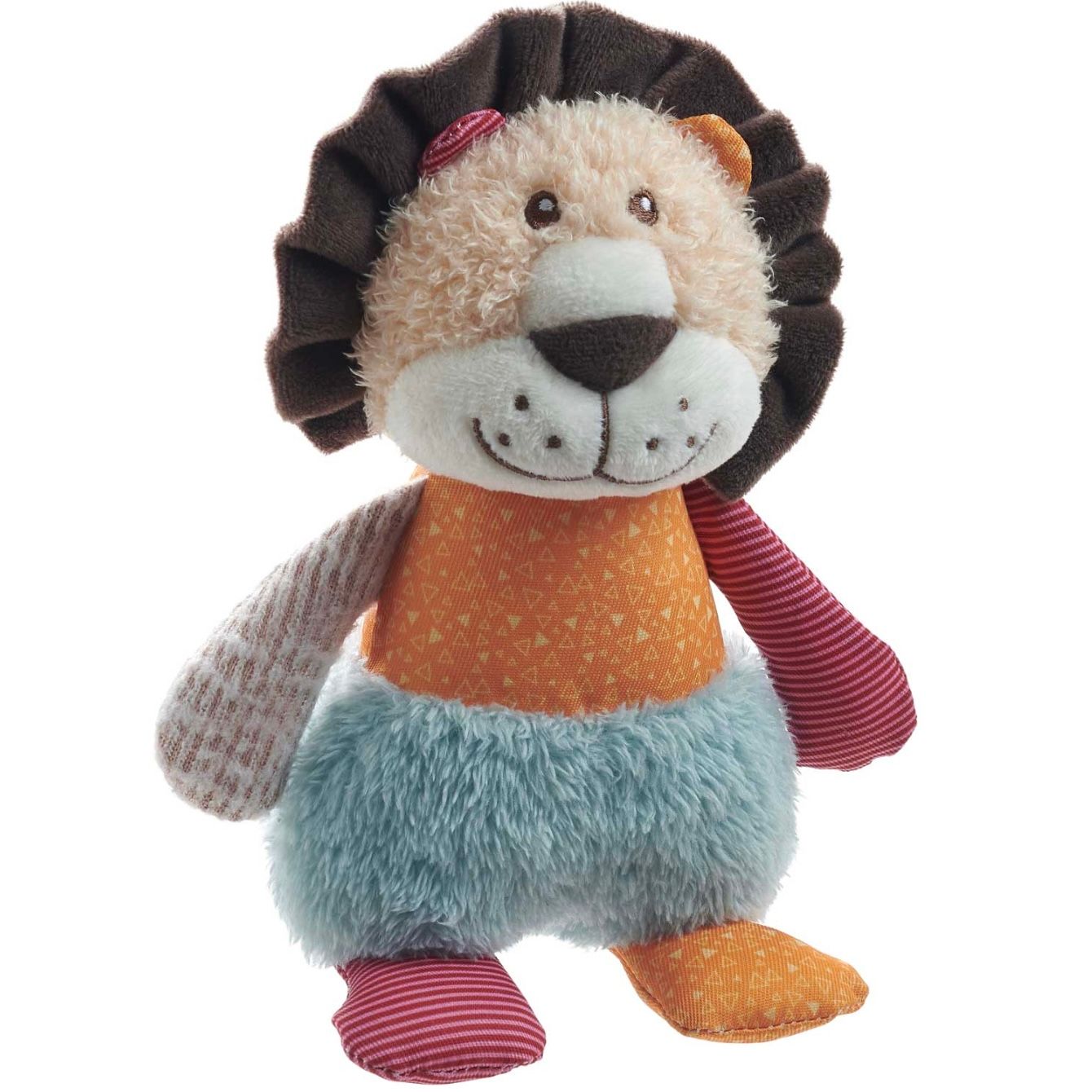Hundespielzeug Stofftier Löwe mit blauer Hose und orangenem Oberteil . 