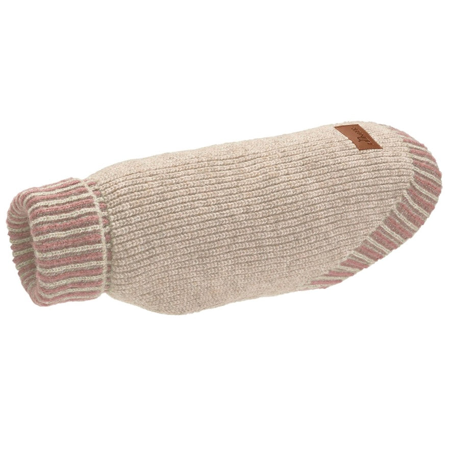 Beiger Hundepullover aus Strick mit rosafarbenen Rippbündchen, Seitenansicht.