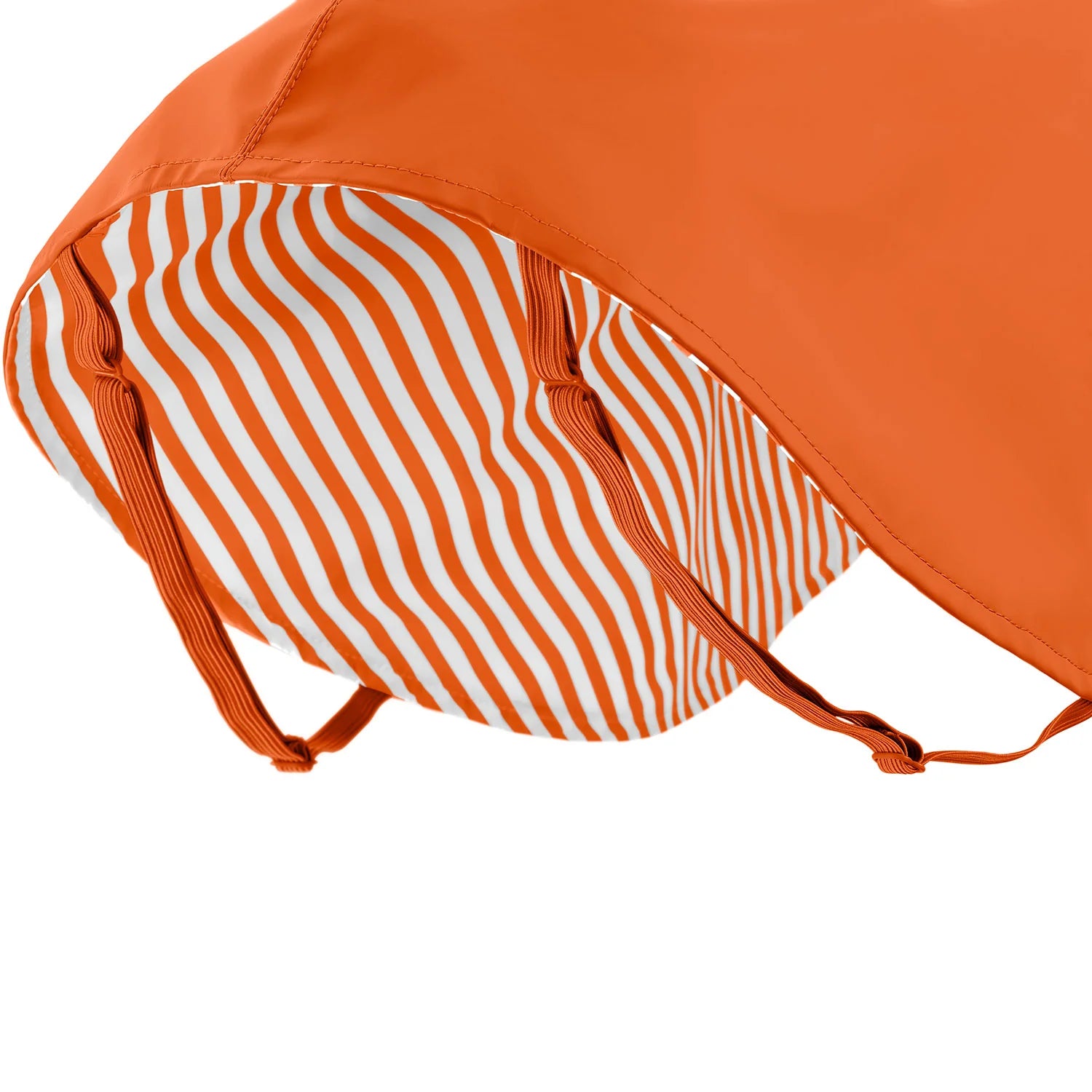 Innenansicht des Regenmantels mit weiß-orangem Streifenfutter und elastischen Hinterbeinbändern.