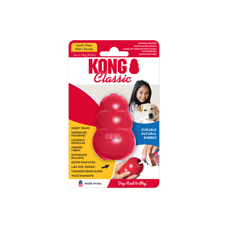 Roter KONG Classic in kleiner Größe aus robustem Naturgummi, befüllbar mit Leckerlis – ideales Beschäftigungs- und Kauspielzeug für Hunde.
