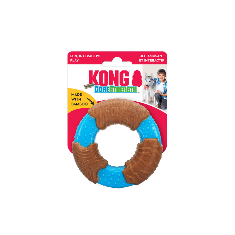 KONG CoreStrength Bamboo Hundespielzeug in Ringform, blau-braun, mit verstärktem Kern und Bambusanteil zum robusten Kauen und Spielen.