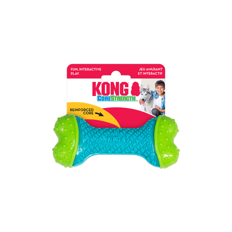 KONG CoreStrength Hundespielzeug in Knochenform in Blau und Grün mit verstärktem Kern für robustes Kauen und Spielen.
