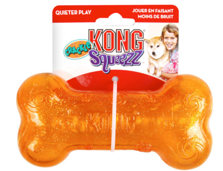 KONG Squeezz Crackle Bone Hundespielzeug in Orange mit Glitzer, widerstandsfähiger Kunststoffknochen mit knisterndem Geräusch